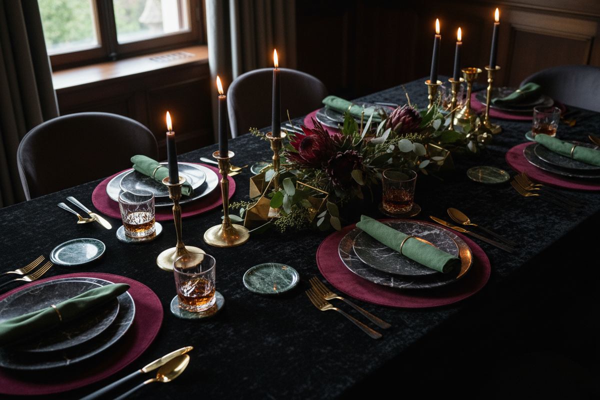 Dunkel gedeckter Tisch mit schwarzem Leinen, Messing-Kerzenhaltern und warmem Kerzenlicht im Dark Luxury Stil
