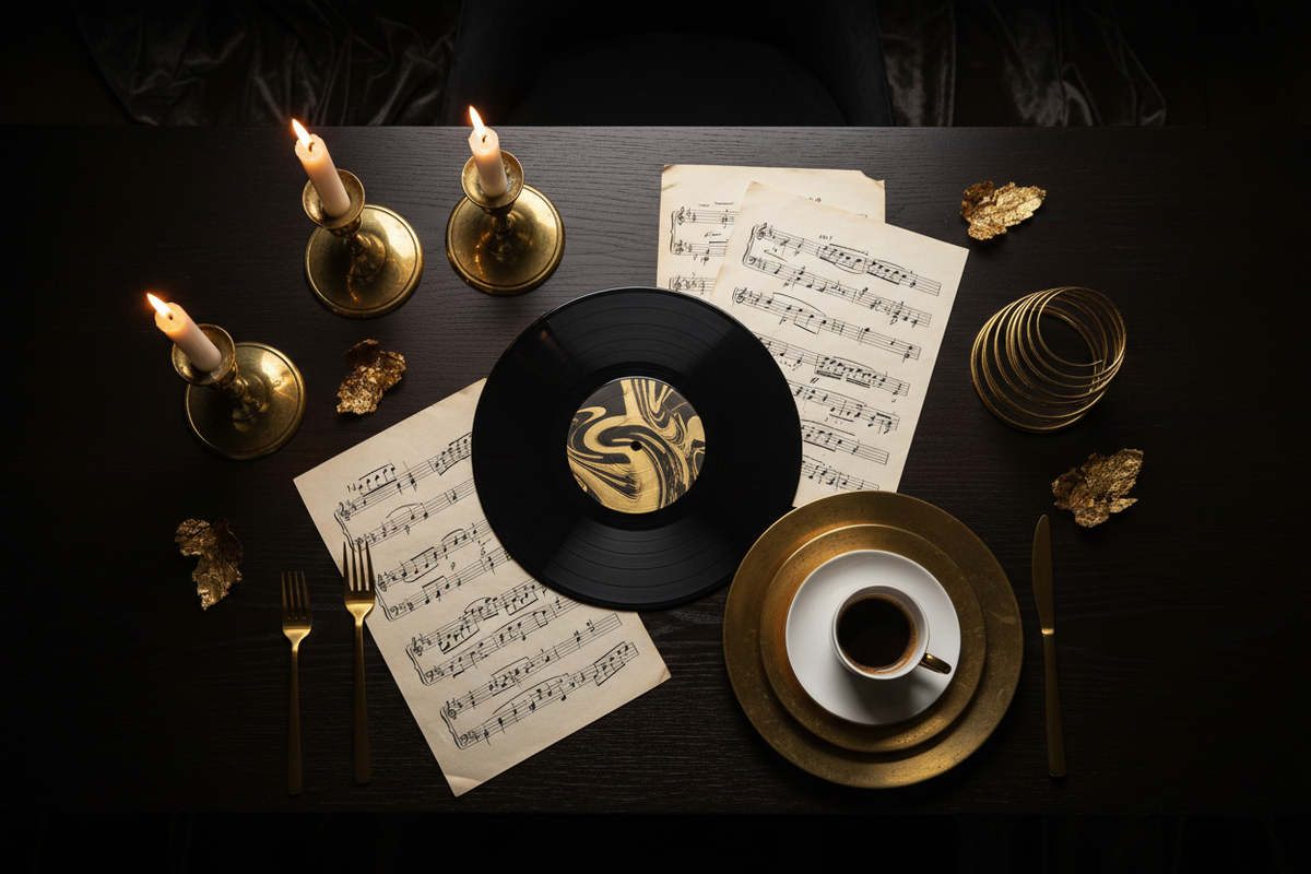 Editorisches Flatlay auf dunklem Tisch mit Kerzenlicht und Messing-Akzenten als Stimmungsbild für eine Dinner-Playlist