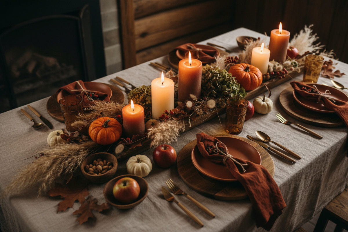 Herbstlich gedeckter Tisch mit Terrakotta-Tönen, Leinendecke, Stumpenkerzen und getrockneten Blumen als Dekoration