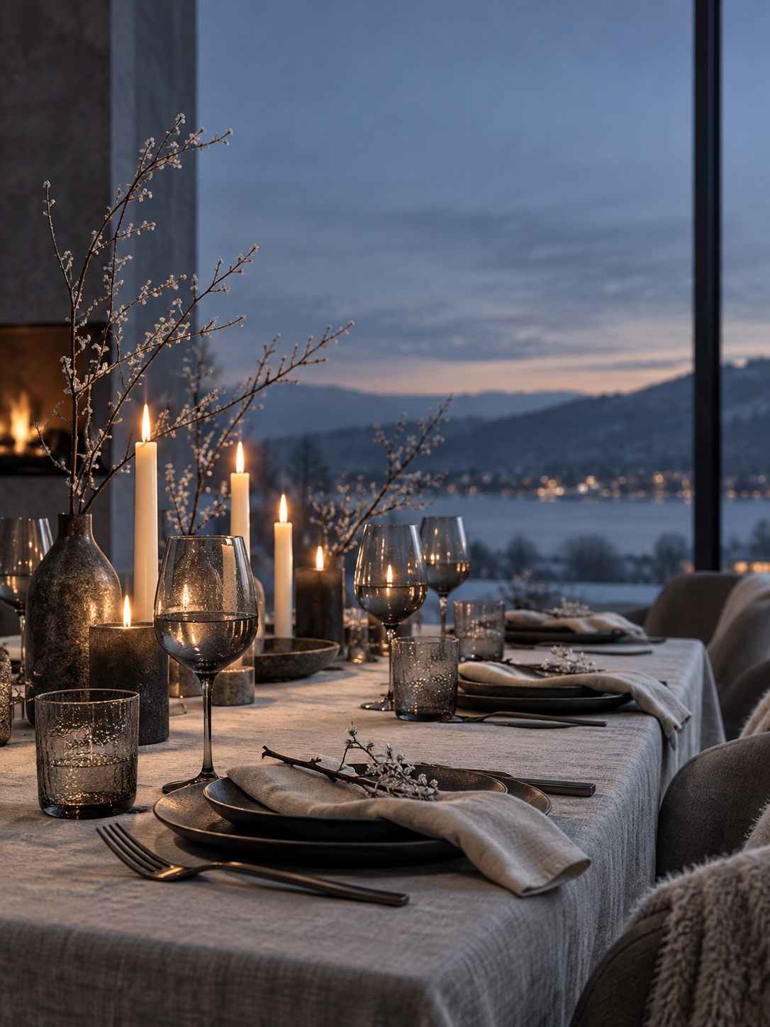 Bild 1: Winterlich gedeckter Tisch mit Rauchglas, Kerzenlicht und eisgrauen Tönen – Frost & Flame Dinner Guide von Mimi Schnee®
