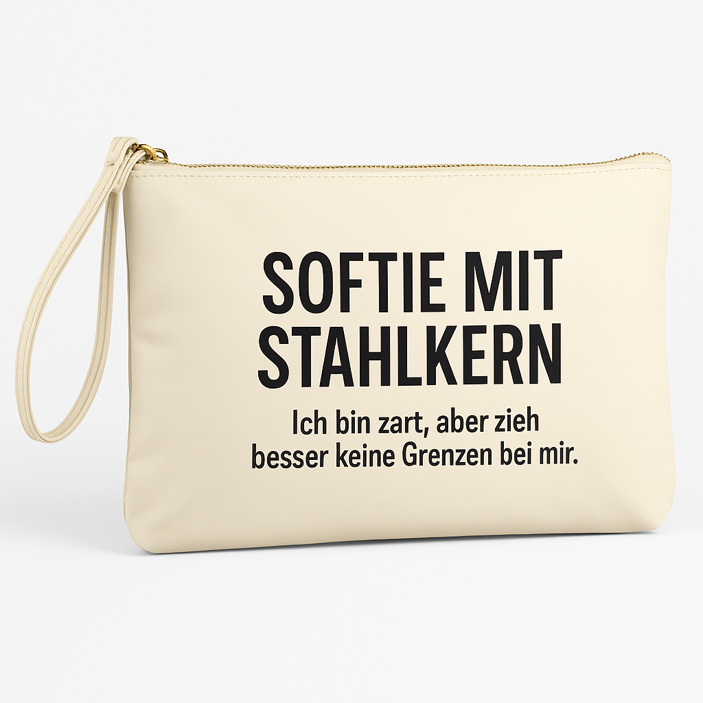 Statement-Clutch in Creme: „Softie mit Stahlkern“ – zarte Tasche mit Haltung. Ideal als Geschenk für starke Frauen. Mimi Schnee Wristlet Limited Edition.