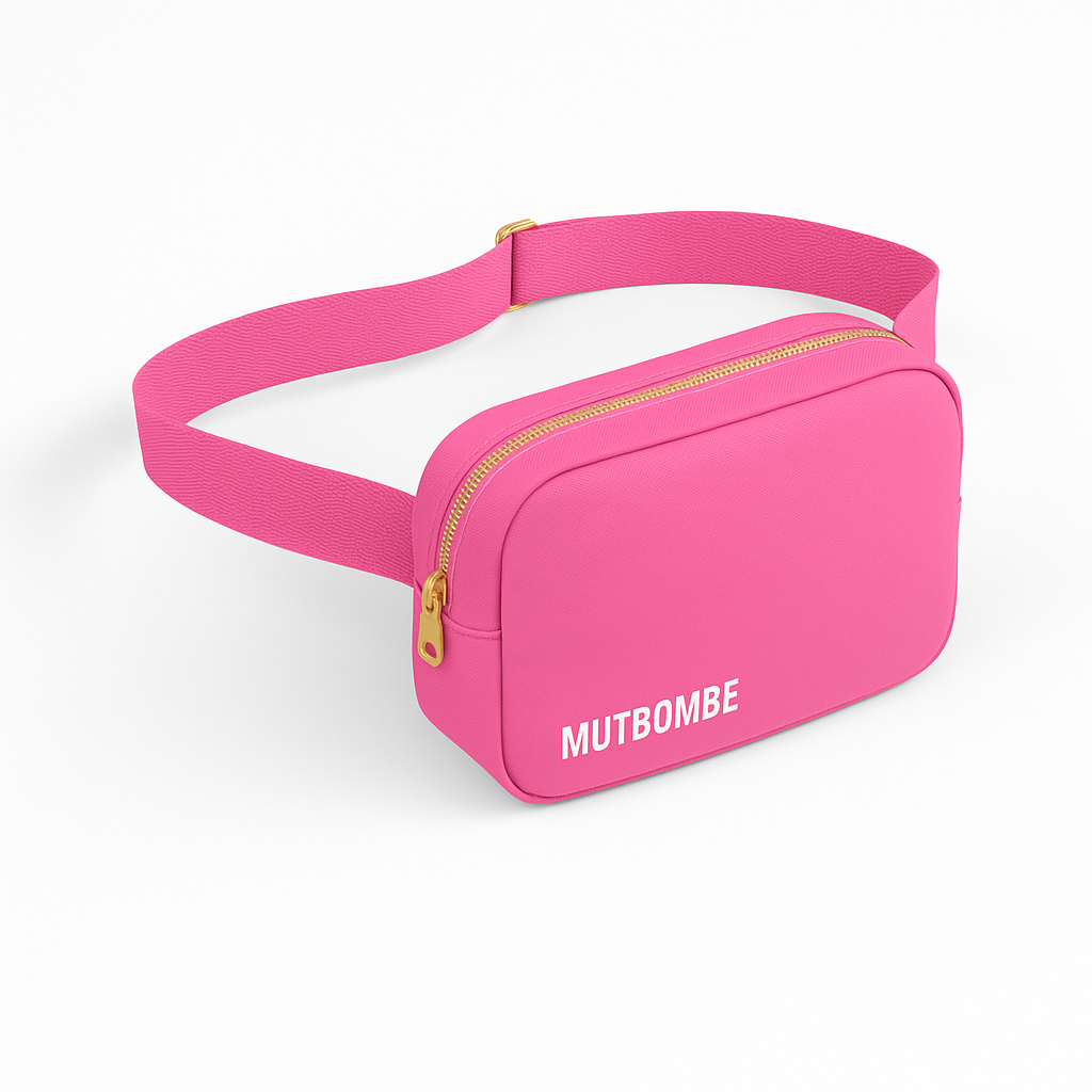 Bunte Crossbody Bag mit Powerwort für starke Frauen. STÄRKE & MUT Edition mit recyceltem Futter, Statement-Print & goldfarbenem Zipper.