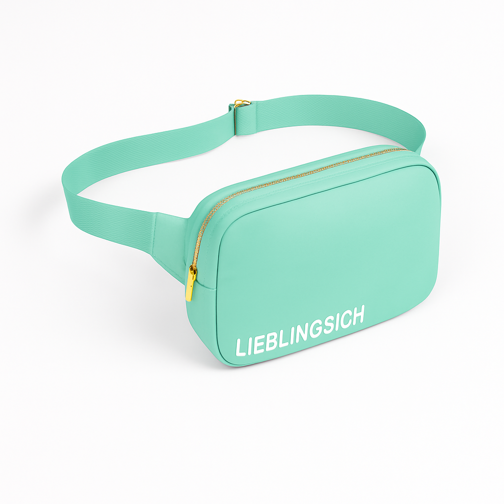 Bunte Crossbody Bag mit Powerwort deiner Wahl – SELBSTLIEBE & WÜRDE Edition von Mimi Schnee. Hochwertig, recycelt, empowering.