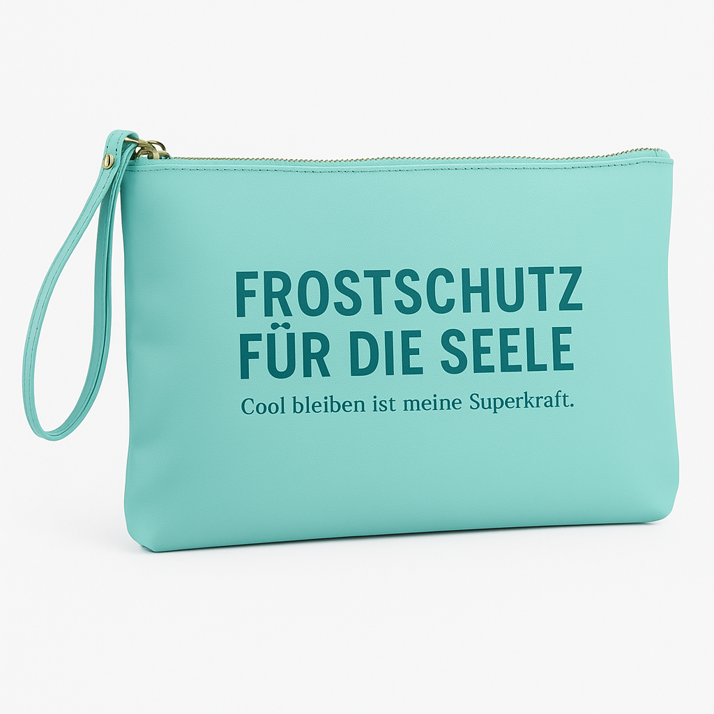 Mintfarbene Clutch mit Statement: „Frostschutz für die Seele“. Bold Wristlet für coole Frauen. Limited Mimi Edition mit Aufdruck & Haltung.