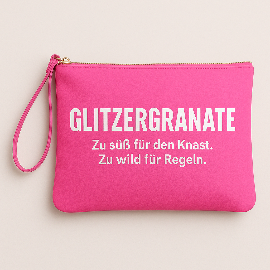 Freche Statement-Clutch für starke Frauen – „Glitzergranate“ in Pink. Limited Edition mit Aufdruck & Power-Spruch. Mimi Schnee Wristlet.
