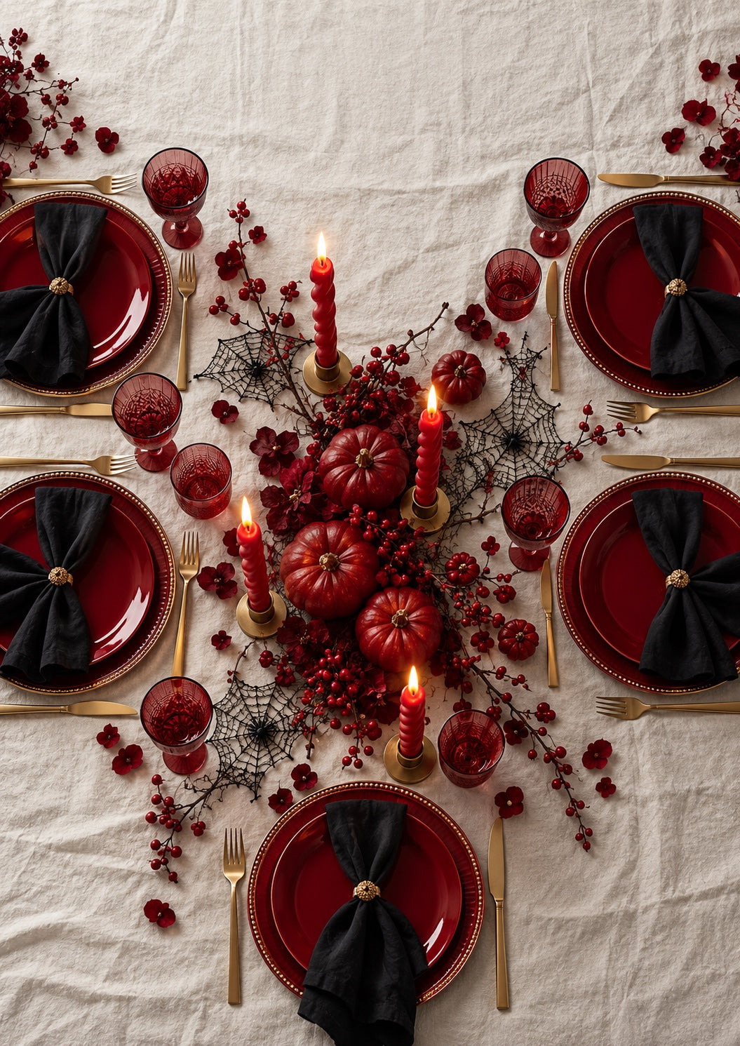 The Crimson Table – moderner Halloween-Abend in Bordeauxrot und Schwarz